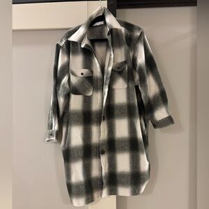 Basin and Range long plaid shacket coat in a grey, white, and hunter green wool